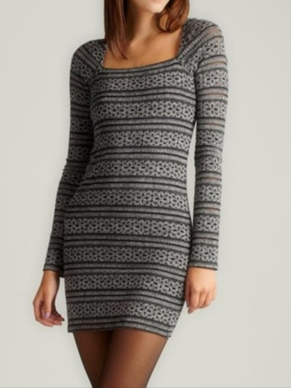 Free People Gray Lace Patterned Long-Sleeve Bodycon Dress Size Medium